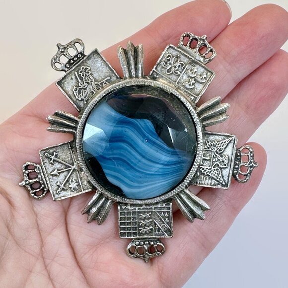 Jewelry - Scottish Brooch, Pendant, Victorian Revival, Faux Agate, Blue, Heraldic